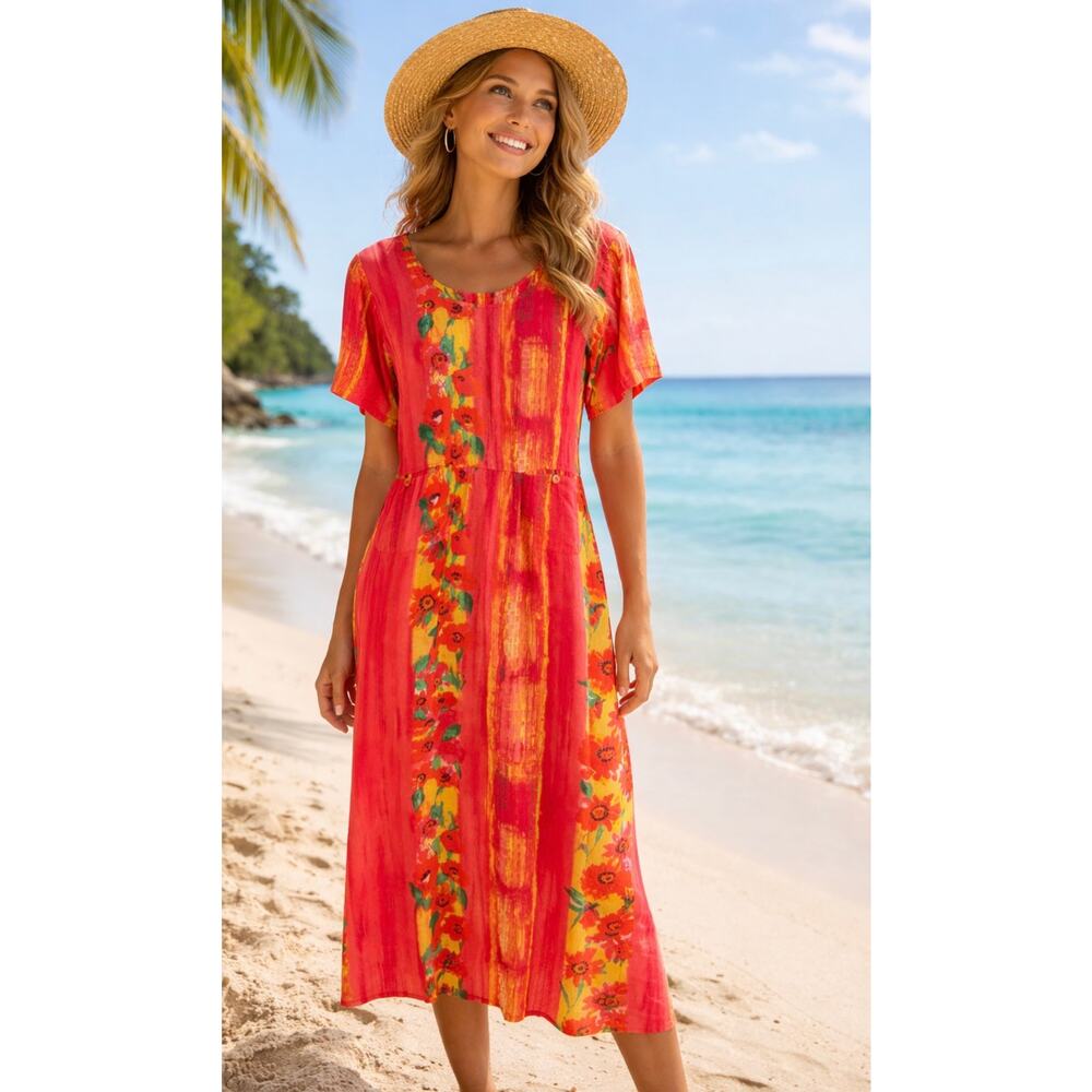 Jams World Vintage Fire Daisy Midi Shift Dress Pockets Size Large